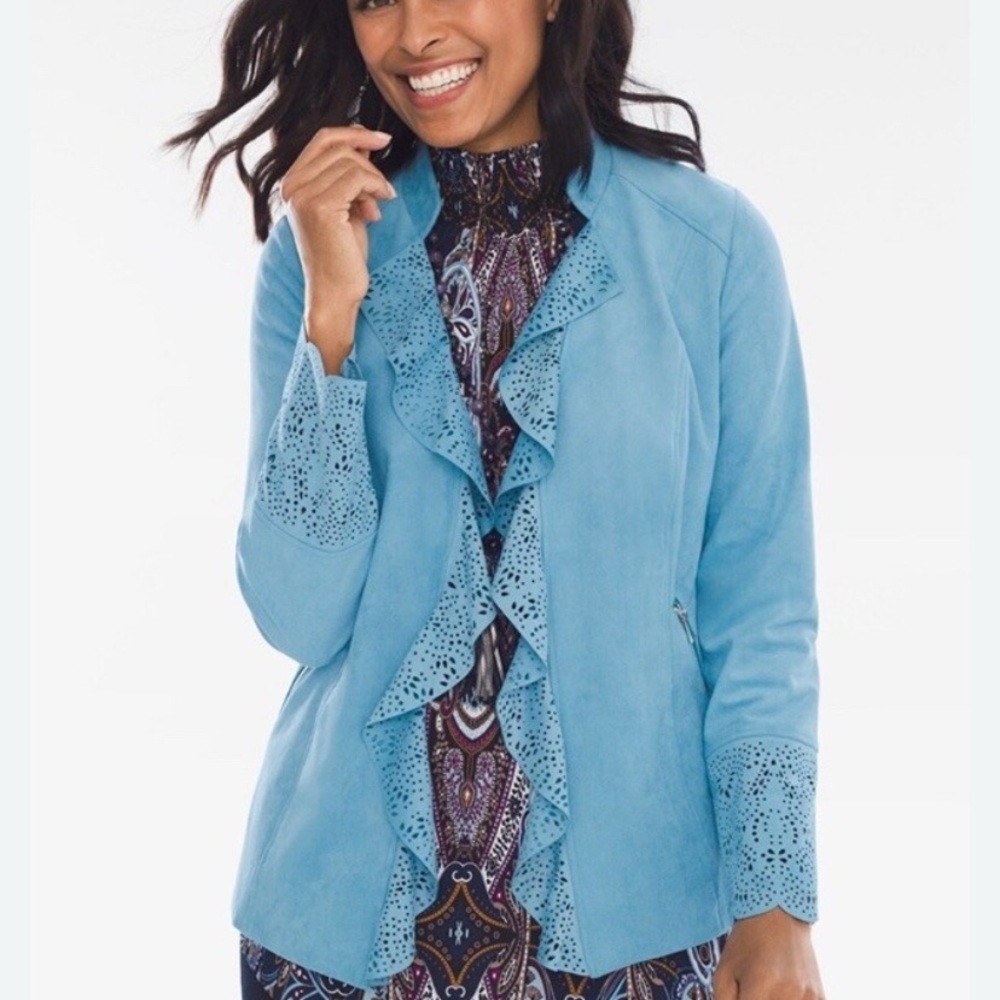 Chico's Zz 0 Light Blue Faux Suede Ruffled Women’s Blazer